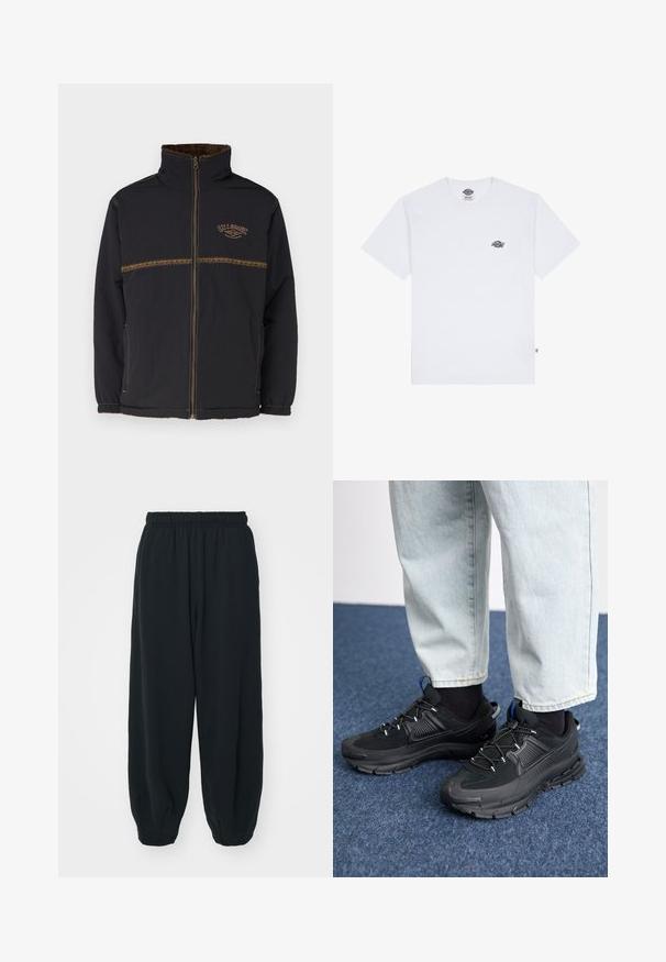 Billabong GNARALOO JACKET - Parka - stealth; Bílá bavlněná tričko s krátkým rukávem, s malým černým logem na hrudi a štítkem v levém dolním rohu.; Černé teplákové kalhoty s elastickým pasem, volným střihem, manžetami na kotnících, hladkým povrchem a bez viditelných vzorů či kovových detailů.; Černé sportovní boty s texturovanou tkaninou a gumovou podrážkou, s elastickými tkaničkami a modrým akcentem na patě. Nosí se s světlými džíny.