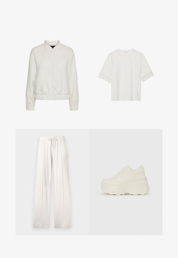 Lett hvit bomberjakke med ståkrage, elastiske mansjetter og nederkant, med to frontlommer og en teksturert stoff.; Hvit t-skjorte med kort erme laget av bomull, med dekorativ blondekant langs ermene og en rund halslinning.; Lyse beige joggebukser laget av mykt stoff, med snor i livet, vide ben og vertikale sømmer, med en jevn tekstur.; Hvite plattformsnickers med en glatt læraktig overdel, avrundet form, polstret krage og teksturert gummisåle med tydelige dekk.
