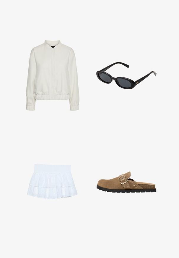 Giacca bomber bianca leggera con colletto alto, polsini ed orlo elasticizzati, dotata di due tasche frontali e tessuto testurizzato.; T-shirt bianco in cotone con maniche corte e collo rotondo. Presenta un'etichetta rosa all'interno del collo. Texture liscia.; Gonna bianca a strati realizzata in cotone ricamato con vita arricciata. Presenta volant stratificati e motivi a occhiello in tutto il capo.; Sandalo in suede marrone con punta arrotondata, cinturino regolabile con fibbia e soletta testurizzata. Presenta una suola in gomma nera con righe.; Occhiali da sole neri oversize con lenti ovali, montatura in plastica liscia e accenti dorati sulle tempie. Le lenti scure offrono protezione dal sole.; Borsa a secchiello in suede color beige con design a piegatura, dotata di una fibbia dorata e una lunga tracolla. Tessuto morbido e forma non strutturata.