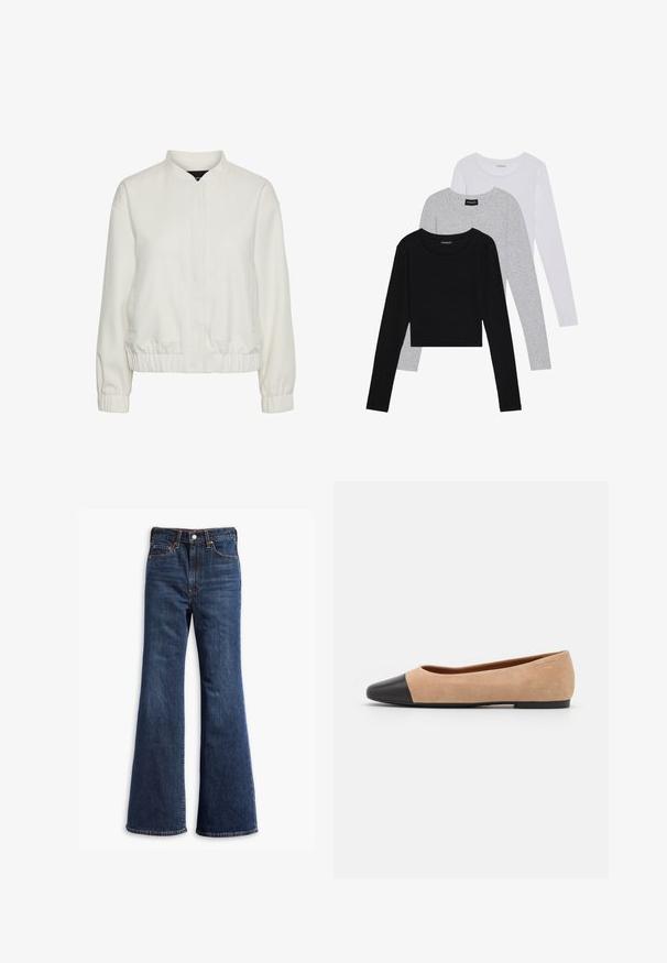Kevyt valkoinen bomber-takki, jossa on pystysuora kaulus, elastiset hihansuut ja helma, kahdella etutaskulla ja tekstiilitunnelmalla.; Kolme pitkähihasta paita päällekkäin: musta, harmaa ja valkoinen. Jokaisessa on pyöreä pääntie ja lyhennetty muotoilu, jossa on sileä ja kevyt kangas.; Korkeavyötäröiset tummansiniset farkut, joissa on leveät lahkeet, etuvetoketju ja napin sulkeminen sekä viisi taskua.; Beige mokkasiner i semsket skinn med svart lær ved tuppen, lav hæl og glatt tekstur, med minimal søm og et rent design.