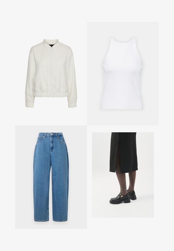 Viegls balts bomberjakas ar stāvu apkakli, elastīgām aprocēm un apakšmalu, ar divām priekšējām kabatām un teksturētu audumu.; Balta bezpiedurkņu topiņš no ribotā auduma, ar noapaļotu kakla izgriezumu un pieguļošu siluetu, ar minimālām šuvēm un bez rotājumiem.; Gai zili džinsi ar taisnu kāju piegriezumu, augstu jostasvietu un priekšējo pogu aizdari. Iespējotas piecas kabatas un minimālas šuvju detaļas.; Melni ādas apavi ar noapaļotu purngalu, biezām bloku papēžiem un elastīgiem sānu akcentiem, apvienoti ar tumšām zeķubiksēm un melnu svārku ar šķirbu.