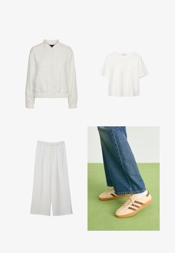 Ľahká biela bomber bunda s vystuženým golierom, elastickými manžetami a spodným lemom, obsahujúca dve predné vrecká a textúrovanú tkaninu.; Biela krátkopsová tričko vyrobené z bavlny. Má okrúhly výstrih a voľný strih. Hladká textúra bez viditeľných vzorov alebo akcentov.; Biele široké nohavice z ľahkého materiálu s elastickým pásom a šnúrkou na nastavenie veľkosti. Hladká textúra.; Béžové tenisky s textúrovanými krémovými panelmi a hnedými pruhmi, skombinované s modrými džínsami. Džínsy majú široké nohavice a roztrhnutý lem.