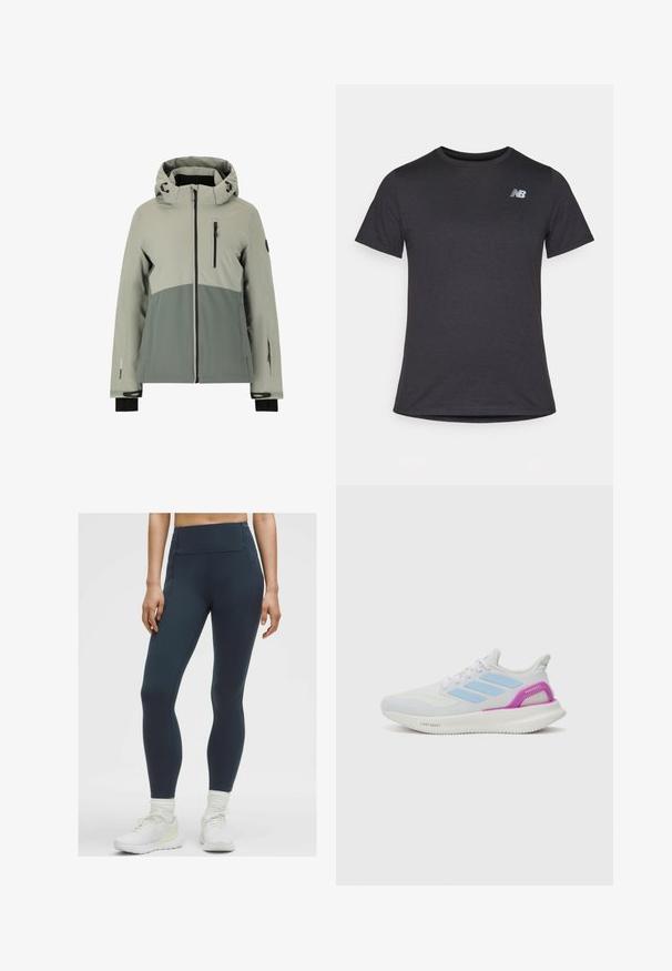 Giacca impermeabile in grigio chiaro e scuro, con cappuccio, tasche con zip, polsini elasticizzati e un design sportivo con blocchi di colore.; T-shirt nera a maniche corte realizzata in tessuto morbido, con un piccolo logo grigio New Balance posizionato sulla parte superiore sinistra del petto, design classico con girocollo.; Leggings a vita alta, blu scuro, realizzati in un tessuto elastico e liscio con cuciture piatte e senza tasche visibili, abbinati a scarpe ginniche bianche.; adidas Performance PUREBOOST 5 - Scarpe da corsa su strada - white/glow blue/purple burst