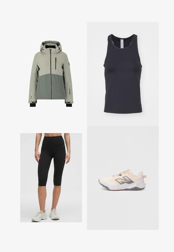 Veste imperméable en gris clair et foncé, dotée d'une capuche, de poches zippées, de poignets élastiques et d'un design sportif avec un jeu de couleurs.; Débardeur noir en tissu doux et extensible. Il présente un col rond et des bretelles larges, conçu pour un ajustement près du corps.; Shorts de vélo noirs taille haute en tissu extensible et lisse, se terminant juste en dessous du genou, associés à des chaussures de sport de couleur claire.; Baskets de sport beige clair avec semelle grise, logo "N" gris foncé et accents bordeaux, vues de côté gauche sur un fond blanc.