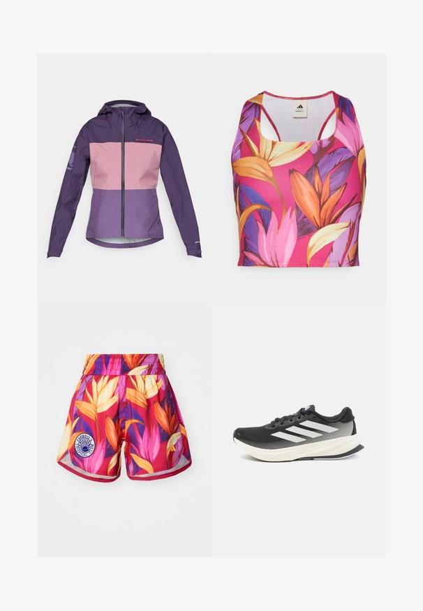 Lilla og pink vandtæt jakke med lynlåslukning, justerbar hætte og kontrasterende paneler. Har logo på brystet og ærmerne.; Blomstret sports-bh med et multicolor design, overvejende pink, med orange og lilla bladmønstre. Lavet af strækbart stof.; Farverige shorts i pink med blomstermønster, der har blade i gul og lilla, elastisk talje og et hvidt logo på venstre ben.; Sort atletik sko med mesh-overdel, hvide accenter og en tyk hvid mellemsål. Har snørebånd og et lavprofil design.