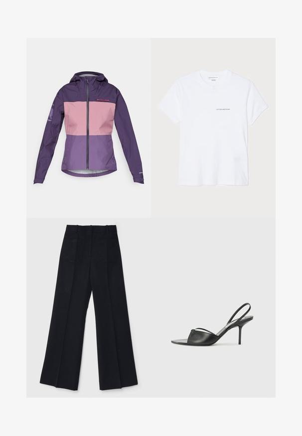 Purpursarkans un rozā ūdensnecaurlaidīgs jaka ar rāvējslēdzēju priekšpusē, regulējamu kapuci un kontrastējošām paneļiem. Iekļauj logotipu uz krūtīm un piedurknēm.; Baltas kokvilnas T-krekls ar īsām piedurknēm, apaļu kakla izgriezumu un mazu melnu "VICTORIA BECKHAM" logo uz krūtīm. Minimālistisks dizains.; Melnas platas kājas bikses no gludas auduma, kurām ir augsta josta, divas aizmugures kabatas un smalkas priekšējās krokas, lai piešķirtu formu.; Melnas ādas siksniņu augstpapēžu kurpes ar norādītu purngalu, plānu potītes siksniņu un stiletto papēdi. Arī ar sasietu detaļu uz vamp.