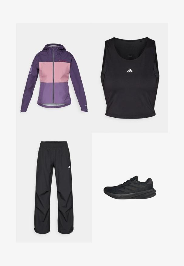 Giacca impermeabile viola e rosa con zip frontale, cappuccio regolabile e pannelli a contrasto. Presenta il logo sul petto e sulle maniche.; Crop top sportivo nero realizzato in tessuto traspirante, con collo rotondo, senza maniche e logo bianco sul petto.; Pantaloni neri, leggeri, impermeabili, con vita elasticizzata, tasche laterali e polsini regolabili. Presentano un logo bianco sulla coscia sinistra.; Scarpe sportive nere con tomaia in rete, forma aerodinamica, suola piatta e tre strisce diagonali sui lati. Design leggero per il massimo comfort.