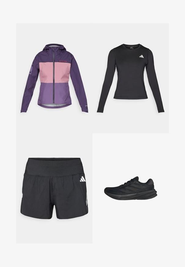 Giacca impermeabile viola e rosa con zip frontale, cappuccio regolabile e pannelli a contrasto. Presenta il logo sul petto e sulle maniche.; Maglietta sportiva nera a maniche lunghe realizzata in materiale liscio e elasticizzato. Presenta un logo bianco sul petto. Design aderente con scollatura rotonda.; Pantaloncini sportivi neri con una fascia elastica larga in vita, tessuto leggero e dettagli del logo bianco sul lato inferiore.; Scarpe sportive nere con tomaia in rete, forma aerodinamica, suola piatta e tre strisce diagonali sui lati. Design leggero per il massimo comfort.