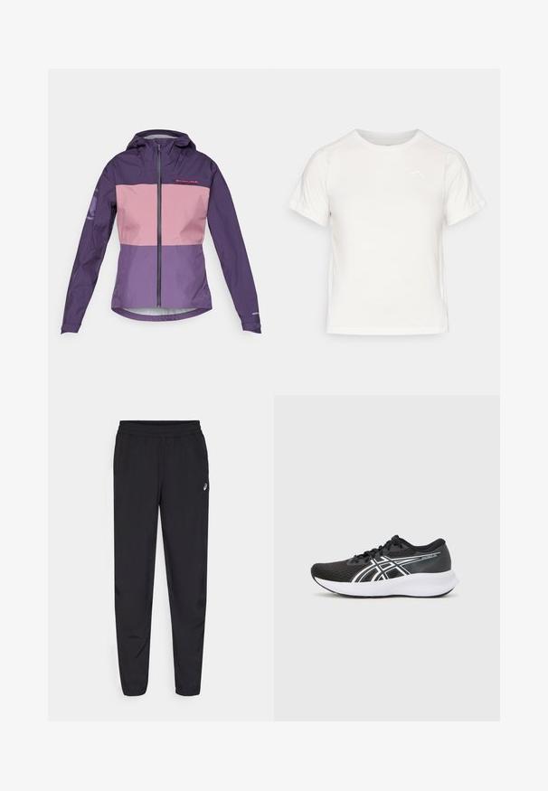 Lilla ja roosa veekindel jakk, kus on lukuga eesmine osa, reguleeritav kapuuts ja kontrastsed paneelid. Rinnal ja varrukatel on logo.; Kerge valge T-särk lühikeste varrukatega, ümmarguse kaelusega ja väikese logoga vasakus ülanurgas. Sile kangas, millel on õrn läige.; Mustad mustrisokid, millel on elastne vöökoht, kitsenevad sääred, millel on soonikud, valmistatud kerge, siledast materjalist ning väike logo reie peal.; Mustad mustrennijalanõud, millel on tekstuuriga pese, valged aktsendid ja pehme valge tall. Külje peal on logo ja paelad.