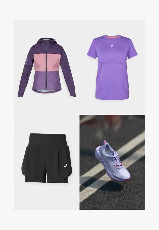 Fioletowa i różowa wodoodporna kurtka z zamkiem z przodu, regulowanym kapturem i kontrastowymi panelami. Zawiera logo na klatce piersiowej i rękawach.; Fioletowa koszulka sportowa wykonana z oddychającego materiału. Posiada okrągły dekolt, krótkie rękawy oraz subtelny tonacyjny wzór na przodzie.; Czarne szorty sportowe z przewiewną siateczkową nakładką, wewnętrznymi szortami o gładkiej fakturze i białym logo po lewej stronie.; Jasnofioletowy but do biegania z teksturowaną cholewką, różowymi akcentami, okrągłym mechanizmem sznurowania i nakropkowaną podeszwą, uniesiony nad tle chodnika.