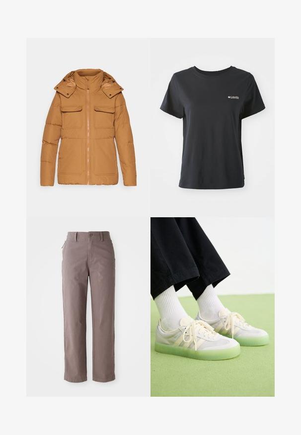 Brązowa kurtka puchowa z wysokim kołnierzem i odpinanym kapturem, wyposażona w dwie kieszenie na piersi i zamek błyskawiczny z przodu. Gładka tekstura tkaniny.; Czarna bawełniana koszulka z krótkim rękawem, okrągłym dekoltem i małym białym logo Columbia Sportswear po lewej stronie klatki piersiowej.; Brązowe spodnie z bawełnianego twillu o prostym kroju, z zapięciem na guzik z przodu oraz bocznymi kieszeniami, gładka tekstura i czyste linie.; Jasne sportowe buty z zamszowej i siateczkowej cholewki, z trzema bocznymi paskami, płaskimi sznurówkami i przezroczystą zieloną gumową podeszwą.