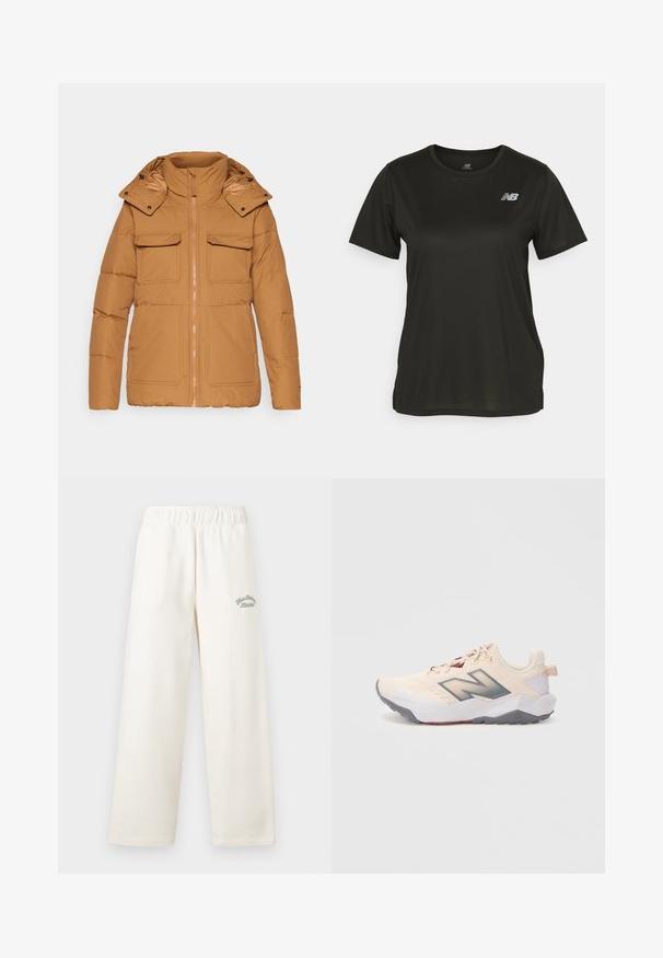 Chaqueta acolchada marrón con cuello alto y capucha desmontable, que cuenta con dos bolsillos en el pecho y cierre de cremallera frontal. Textura de tela suave.; Camiseta negra de manga corta hecha de una tela suave, con un escote redondo y un logo blanco reflectante en el lado izquierdo del pecho.; Pantalones anchos de color crema, hechos de material suave y con una cinturilla elástica. Presentan un sutil texto bordado en verde en la parte frontal.; Zapatilla deportiva de color beige claro con suela gris, logo "N" en gris oscuro y detalles en color marrón, vista desde el lado izquierdo sobre un fondo blanco.