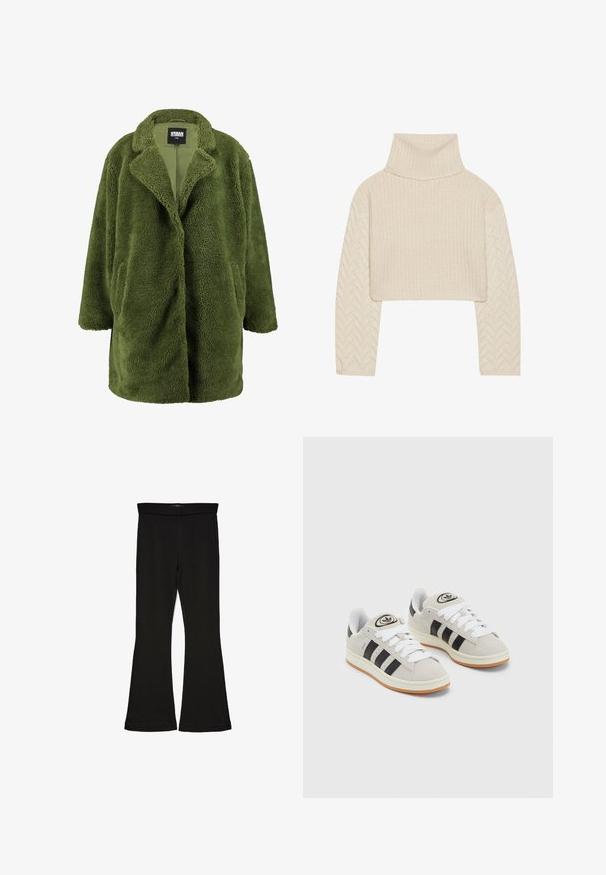 Tamsiai žalia fliso striukė su įpjovimu ant apykaklės, atvirais priekiniais užtrauktukais ir dviem šoninėmis kišenėmis. Minkšta, tekstūruota išorė suteikia šilumą ir komfortą.; Kremo spalvos trumpas megztinis su aukštu kaklu, tekstūruoto mezgimo kūnu ir žuvies kaulų rašto rankovėmis. Pagamintas iš švelnios siūlų medžiagos.; Juodos flared tipo legginsai, pagaminti iš tamprios medžiagos. Yra platus juosmuo ir lygus paviršius, su prie kūno priglundančiu siluetu, kuris pločiasi ties apatine dalimi.; Grynos zomšos sneakeriai su baltais raišteliais, juodomis juostelėmis ir balta gumine sole. Turintys apskritą logotipą ant liežuvėlio ir guminę sole.