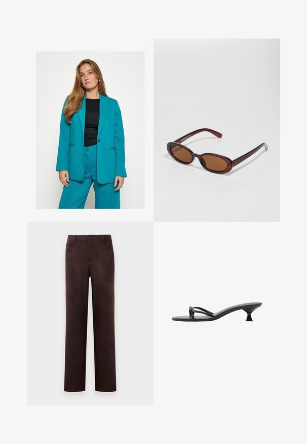 Teal tailored blazer with long sleeves and notch lapels, paired with matching trousers. Smooth fabric, slim fit, and minimalistic design.; Light blue long-sleeve blouse made of smooth fabric. Features a high collar and a draped scarf accent on the front. Buttoned cuffs.; Straight-leg dark brown suede pants with front button and zip closure, belt loops, and side pockets.; Black heeled sandals featuring a sleek design, thin straps, and a unique triangular heel. Smooth texture with a minimalistic look.; Round, brown-tinted sunglasses with a glossy burgundy frame. Slim arms with subtle branding detail. Flat lens design.; Woven burgundy handbag with a rounded shape and a single handle, featuring a textured surface and an elastic drawstring closure.