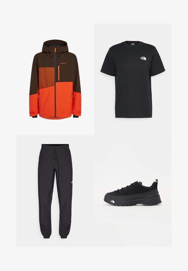 Suksiaak, millel on kapuuts, pruuni ja oranži värvi blokeeringud, lukuga taskud ja reguleeritavad mansetid. Valmistatud vastupidavast, ilmastikukindlast materjalist.; Musthave musta puuvillane T-särk lühikeste varrukatega, ümmargune kaelus ja väike valge logo vasakul rinnal. Lihtne disain, sile tekstuur ja mugav lõige.; Mustavad sportlikud püksid, mis on valmistatud kergest kangast, joonlauaga taljest, küljetaskudega ja kitsenevate varrukatega pahkluude juures.; Must musta jalats, millel on sametised ülemused, tekstuuriga kummist põhi ja vastupidav sidumise süsteem. Omab tugevdust kannaosas ja brändi logo küljes.