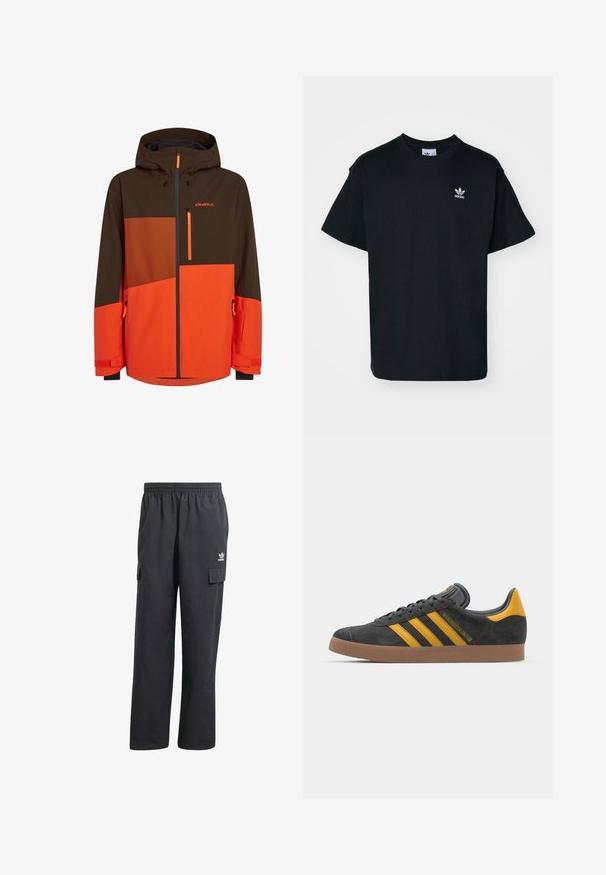 Veste de ski avec capuche présentant un bloc de couleurs marron et orange, poches zippées et poignets ajustables. Fabriquée en matériau durable et résistant aux intempéries.; T-shirt en coton noir avec un col rond et des manches courtes, présentant un petit logo Adidas blanc sur la zone gauche de la poitrine.; Pantalons cargo noirs avec une ceinture élastique, deux poches latérales et un logo discret sur la cuisse gauche. Fabriqués en tissu léger.; Baskets en suede noir avec des accents jaunes, présentant trois rayures et une semelle en caoutchouc marron. Comprend une languette rembourrée pour le confort.
