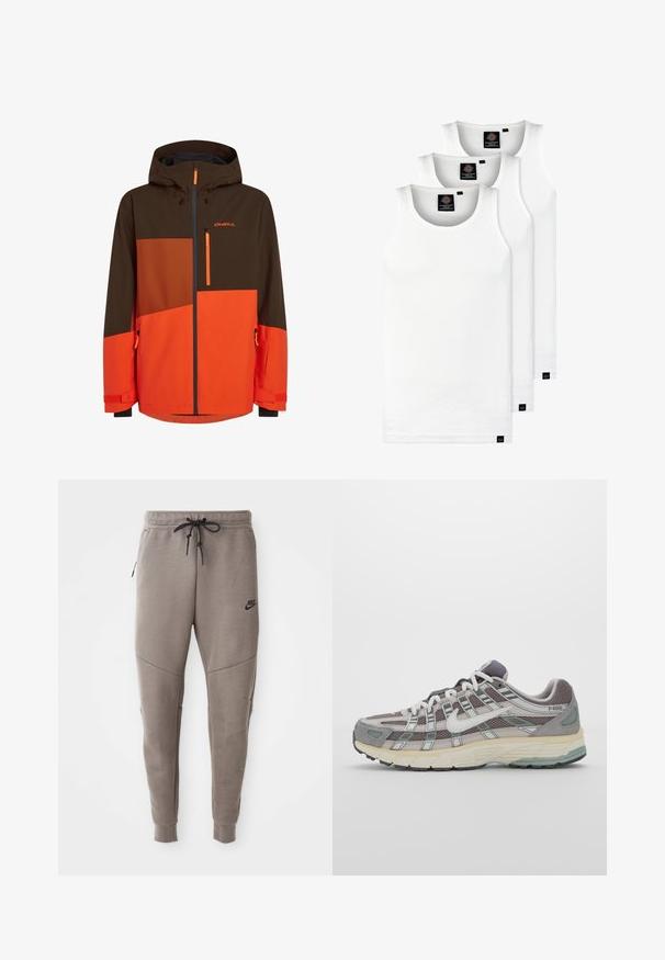 Ski jacket with a hood featuring brown and orange color blocking, zippered pockets, and adjustable cuffs. Made from durable, weather-resistant material.; Three white ribbed tank tops made of cotton. Features a crew neck and small black labels near the hem. Available in multiple sizes.; Gray Nike sweatpants with a drawstring waistband, tapered legs, side pockets, and distinct seam detailing. Soft, textured fabric.; Gray athletic shoe featuring a mesh and suede upper, white accents, a cushioned sole, and a distinctive design with reflective elements.