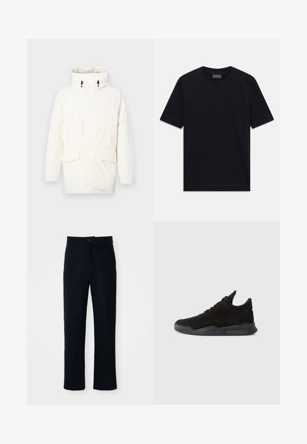 Balta jaciņa ar kapuci, kurai ir rāvējslēdzis, divas priekšējās kabatas un nedaudz teksturēta auduma. Iekļauti regulēšanas pavadiņas.; Melnā T-kreklā ar īsām piedurknēm, apaļo kakla izgriezumu, ar smalku reljefu rakstu un zīmola etiķeti iekšpusē kaklā, novietots uz baltas virsmas.; Kokvilnas tumši zilas bikses ar taisnu kāju dizainu, priekšējo pogu aizdari un klasisku jostasvietu ar jostas cilpiņām.; Melnas zamšādas sporta kurpes ar zemu profilu, teksturētu augšdaļu, plakaniem šņorēm un cietu gumijas zolīti ar nelielu papēdi un izliekumu dizainā.