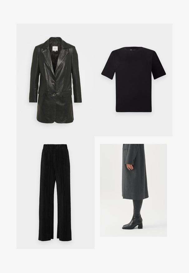 Pepe Jeans ANGELA - Casaco curto - black; T-shirt preta de mangas curtas com decote redondo, feita de tecido de algodão suave. Design simples, sem logótipos ou padrões visíveis.; Calças pregueadas pretas com uma cintura elástica. Apresentam pernas largas e um tecido liso, texturizado com riscas verticais.; Casaco cinza, ajustado, com corte reto; combinado com botas de couro pretas até ao joelho, com biqueira quadrada e salto grosso.