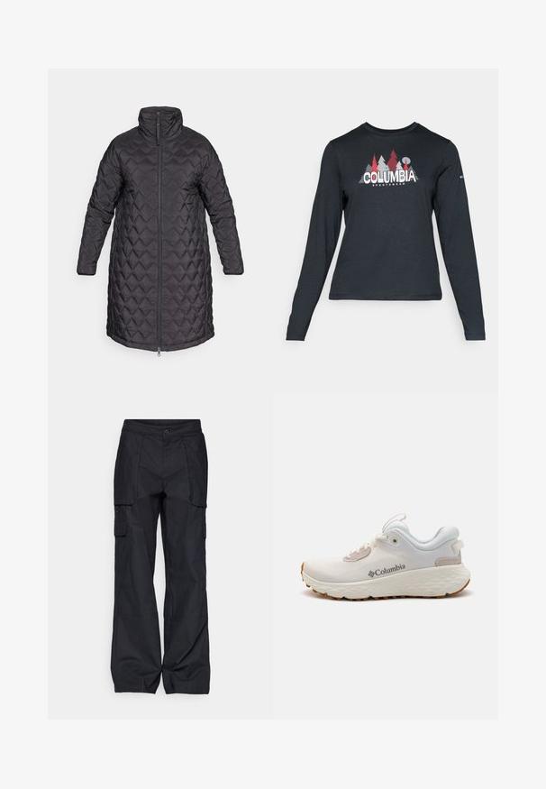 Sorte, quiltet boblekåpe med høy krage og hel frontlynlås, med diamantmønster og lange ermer. Glatt tekstur, kne-lengde design.; Langermet mørkegrå skjorte med grafikk av røde trær og fjell; "COLUMBIA" logo i fet hvit tekst. Mykt stoff, standard rund hals.; Columbia BREA FALLS™ COTTON RIPSTOP PANT - Friluftsbukser - black; Lettvekts Columbia treningssko i hvit mesh med en teksturert grå såle og gummitraction. Har en polstret krage og snøring.