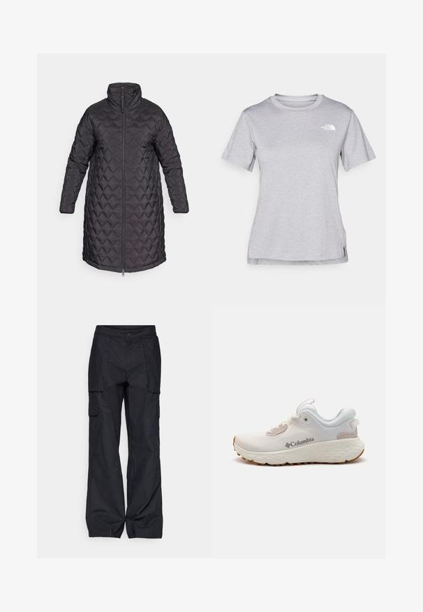 Črni prešiti puhovka z visokim ovratnikom in polnim sprednjim zadrgo, s prešito obliko v diamante in dolgimi rokavi. Gladka tekstura, zasnova do kolen.; Siva kratka majica s kratkimi rokavi, izdelana iz mehkega, vlago odvračajočega materiala. Ima okroglo izrez in majhen bel logotip na zgornji levi strani.; Columbia BREA FALLS™ COTTON RIPSTOP PANT - Hlače za na prostem - black; Lahka športna obutev Columbia v beli mreži z teksturiranim sivim podplatom in gumijastim oprijemom. Ima podloženi ovratnik in vezalni dizajn.