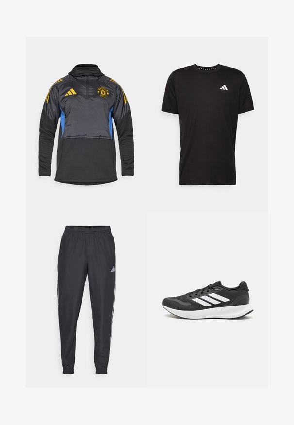 Schwarzer und blauer Sportpullover mit hohem Kragen, Viertelreißverschluss und elastischen Bündchen. Verfügt über gelbe Adidas-Streifen und das Manchester United-Logo.; Schwarzes Baumwoll-T-Shirt mit kurzen Ärmeln, Rundhalsausschnitt und einem weißen Logo auf der linken Brust. Glatte Textur und einfaches Design.; Schwarze Sporthosen mit elastischem Bund, mit weißen Streifen an den Seiten und einem kleinen Logo an der Hüfte. Glatte Textur.; Schwarzer Sportschuh mit atmungsaktivem Mesh-Obermaterial, weißen Akzenten und einer gepolsterten Sohle. Mit drei Streifen-Logo an der Seite.