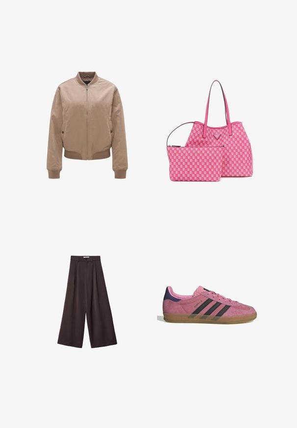 Giubbotto bomber beige con zip frontale, polsini e bordo a costine, tasche laterali con chiusura a bottone, texture liscia e design minimale.; Due top in esposizione, uno nero e uno bianco. Entrambi hanno una trama a coste e spalline larghe con un collo arrotondato.; Pantaloni neri a gamba larga con vita alta, caratterizzati da pieghe frontali e chiusura con bottone in vita, realizzati in tessuto liscio.; Sneaker in suede rosa con strisce nere, suola in gomma e tallone texturizzato viola. Presenta un design con lacci e un marchio in rilievo sul lato.; Borsa a spalla a motivo chevron rosa con una pochette più piccola abbinata; presenta materiale liscio, doppi manici e dettagli in logo dorati.