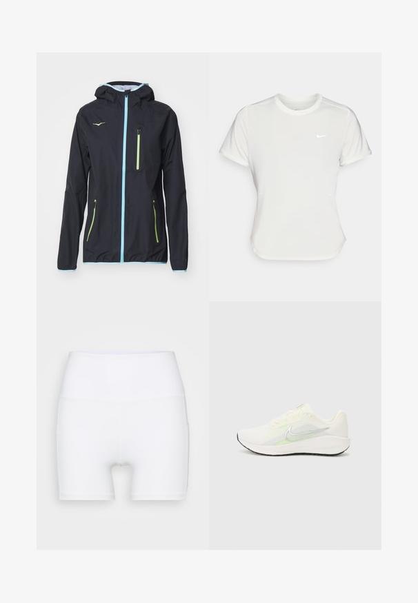Black waterproof jacket with a hood, featuring a front zipper, light blue accents, and two zippered pockets with green details. Smooth texture.; Nike T-shirt in white, short sleeves, round neckline, made from a smooth, lightweight fabric. Features a subtle logo on the chest.; White high-waisted shorts made from stretch fabric. Features a smooth texture and fitted design, with no additional patterns or hardware.; Nike Performance DOWNSHIFTER 13 - Road running shoes - sail/silver-coloured photon dust/summit white/barely volt/black