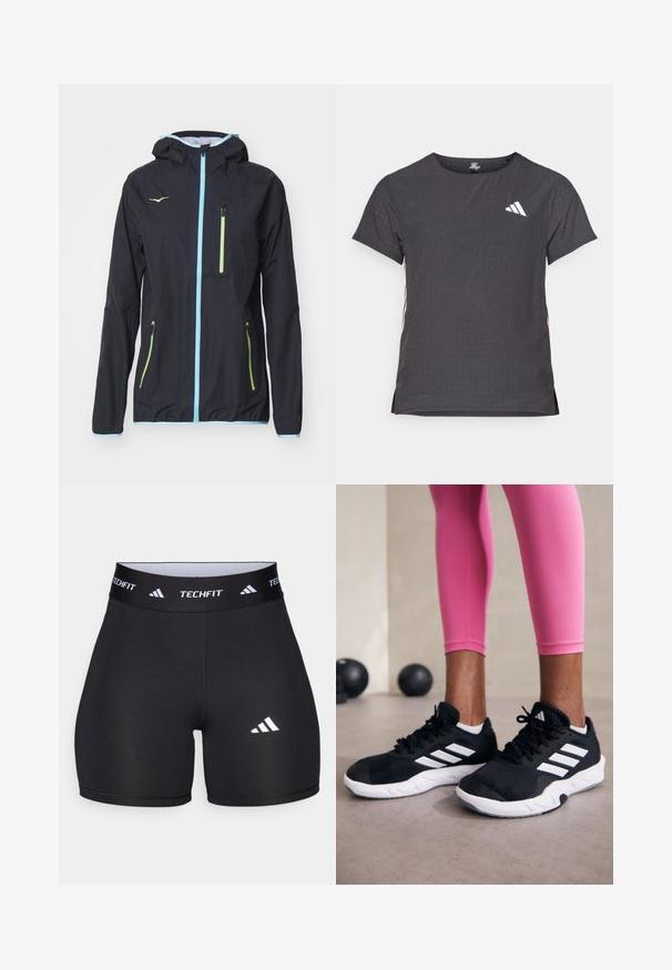 Black waterproof jacket with a hood, featuring a front zipper, light blue accents, and two zippered pockets with green details. Smooth texture.; Short-sleeve athletic t-shirt, dark gray with perforated texture. Features a white logo and contrasting side stripes. Rounded neckline.; Black shorts made from stretchy fabric with a fitted design. Features a wide black waistband labeled "TECHFIT" and a white logo on the leg.; Black athletic shoes with white stripes, textured mesh upper, and a white sole. Worn with pink leggings, showcasing training apparel.