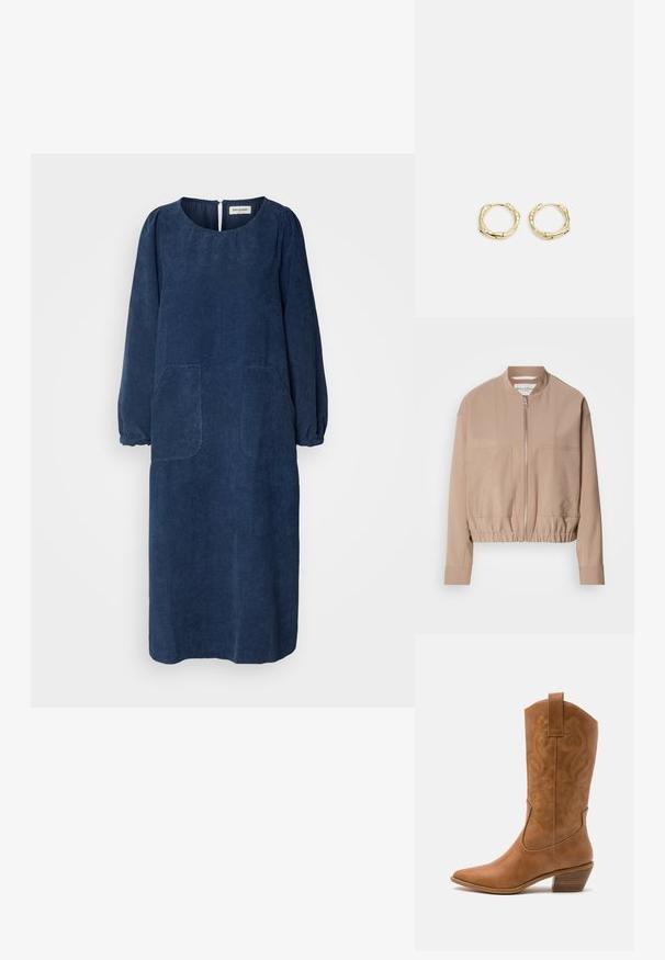 Beżowa kurtka bombowiec wykonana z lekkiego materiału, z zamkiem błyskawicznym, prążkowanym wykończeniem i dwiema przednimi kieszeniami. Wysoki kołnierz.; Granatowa sukienka z sztruksu z długimi, bufiaste rękawami, okrągłym dekoltem, dwiema przednimi kieszeniami oraz otworem w kształcie klucza z tyłu. Miękki, teksturowany materiał.; Brązowe skórzane kowbojki z wyciągniętym nosem, haftowanymi wzorami spiralnymi na cholewie oraz blokowym obcasem. Posiadają pętlę ułatwiającą zakładanie.; Czarna skórzana torba hobo z pojedynczym, miękkim, zaokrąglonym uchwytem; charakteryzuje się gładką teksturą i minimalistycznym designem. Brak widocznych elementów metalowych lub akcentów.; Złote kolczyki w kształcie obręczy o teksturowanej, nieregularnej formie. Posiadają bezszwowe zapięcie oraz polerowane wykończenie, podkreślające nowoczesny design.