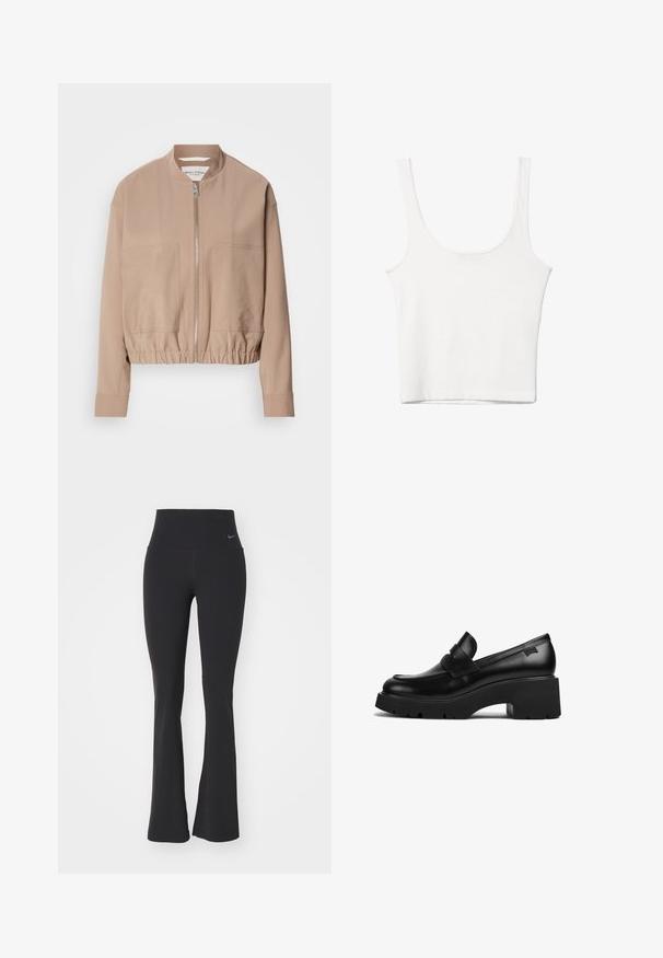 Beżowa kurtka bombowiec wykonana z lekkiego materiału, z zamkiem błyskawicznym, prążkowanym wykończeniem i dwiema przednimi kieszeniami. Wysoki kołnierz.; Biały bawełniany top na ramiączkach z okrągłym dekoltem, bez rękawów, o dopasowanym kroju. Gładka tekstura, prosty fason i minimalne detale szwowe.; Czarne legginsy do jogi z wysokim stanem, wykonane z elastycznej tkaniny. Posiadają rozszerzający się krój oraz małe logo Nike na talii.; Czarne skórzane loafery na grubej podeszwie z szerokim obcasem i paskiem na górze, zaprezentowane z boku na białym tle.