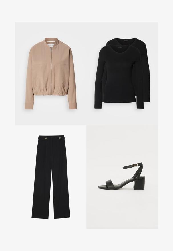 Bež bomber jakna izrađena od lagane tkanine, s patentnim zatvaračem, rebrastim rubom i dva prednja džepa. Dizajn s visokim ovratnikom.; Dva crna majice dugih rukava s V-izrezom, izrađene od mekanog, rastezljivog materijala, s glatkom teksturom i prilagođenim oblikom.; Crne hlače širokih nogavica s visokim strukom, s dugmadi na pojasu i prednjim nabora.; Crne sandale na visoku petu s glatkim kožnim gornjim dijelom, otvorenom kapicom, širokim prednjim trakama i podesivim remenom oko gležnja s detaljem zlatne kopče.
