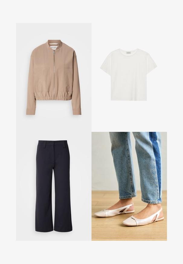Beige bomberjakke laget av lett stoff, med glidelåslukking, ribbestrikket nederkant og to frontlommer. Høy kragedesign.; Hvit T-skjorte med kort erm laget av myk bomull. Har rund hals og avslappet passform. Rent design uten synlige mønstre eller aksenter.; Vide benbukser i mørk navy-stof. Har flad front, bæltesløjfer og sidelommer. Materialet er glat med en let stræk.; Lys rosa slingback leiligheter med spiss tå, laget av et glatt, læraktig materiale. Har utskjæringer på sidene og lav hæl.