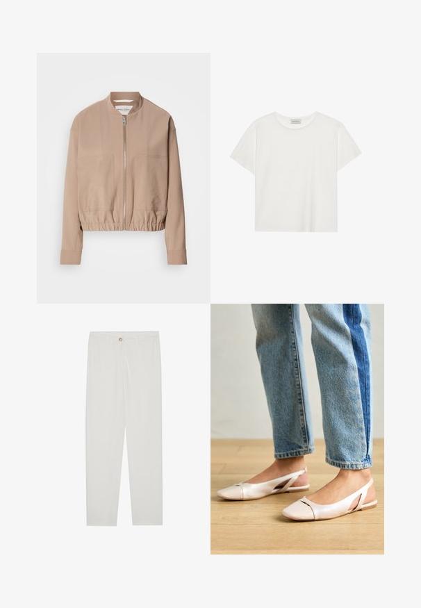 Bežs bomber jakas izgatavota no viegla auduma, ar zipa aizdari, ribotu apakšmalu un divām priekšējām kabatām. Augsta apkakle.; Balts īsām piedurknēm T-krekls, kas izgatavots no mīksta kokvilnas. Tam ir apaļš izgriezums un brīvs piegriezums. Tīrs dizains bez redzamām rakstiem vai akcentiem.; Baltas, pielāgots bikses ar taisnu kāju dizainu, ar pogu aizdari, jostu cilpām un sānu kabatām; gluda auduma tekstūra.; Bālti rozā siksniņu dzīvokļi ar smailu purngalu, izgatavoti no gludas ādas līdzīgās materiāla. Iezīmē izgriezumu detaļas sānos un platu papēdi.