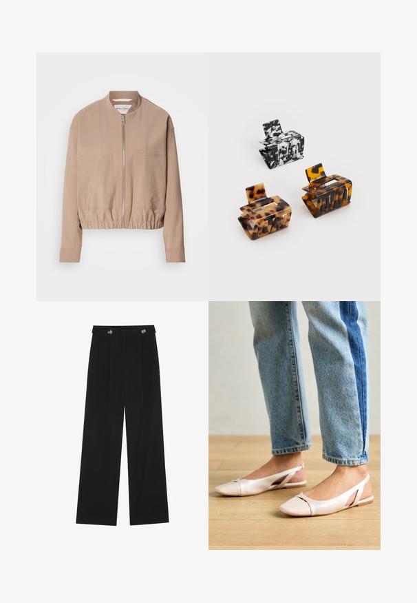 Beige bomber jacket made from lightweight fabric, featuring a zip closure, ribbed hem, and two front pockets. High collar design.; White short-sleeve T-shirt made of soft cotton. Features a round neckline and relaxed fit. Clean design with no visible patterns or accents.; Black wide-leg trousers with high waist, button details on waistband, and front pleats.; Pale pink slingback flats with a pointed toe, made from a smooth leather-like material. Features cut-out details at the sides and a flat heel.; Three hair clips: one black and white marbled, two tortoiseshell in brown and black hues, all made of glossy plastic with a textured finish.