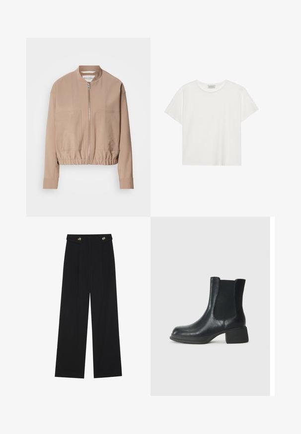 Bežs bomber jakas izgatavota no viegla auduma, ar zipa aizdari, ribotu apakšmalu un divām priekšējām kabatām. Augsta apkakle.; Balts īsām piedurknēm T-krekls, kas izgatavots no mīksta kokvilnas. Tam ir apaļš izgriezums un brīvs piegriezums. Tīrs dizains bez redzamām rakstiem vai akcentiem.; Melnas platās bikses ar augstu jostasvietu, pogu detaļām uz jostas un priekšējām krokām.; Melnas ādas potīšu zābaki ar elastīgām sānu daļām, noapaļota purngala forma un zems blokveida papēdis. Virsma ir gluda un ar minimālu detalizāciju.