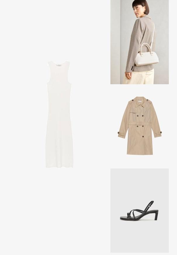Beżowy trencz wykonany z gładkiego materiału, z podwójnym zapięciem, dużymi guzikami, paskiem i kieszeniami z klapkami.; Biała, bezrękawnikowa sukienka z prążkowanego dzianiny o dopasowanym kroju, sięgająca poniżej kolan. Prosty i minimalistyczny design, bez wzorów i dodatków.; Czarne sandały na obcasie z prostokątnym noskiem i niskim słupkowym obcasem. Posiadają wiele cienkich pasków i regulowany pasek na kostkę. Wykonane z gładkiej skóry.; Biała torebka o strukturalnym kształcie z krótkimi uchwytami i paskiem na ramię, z złotymi akcentami i teksturowanym materiałem, prezentowana na szarym tle.