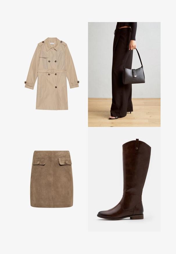 Beżowy trencz wykonany z gładkiego materiału, z podwójnym zapięciem, dużymi guzikami, paskiem i kieszeniami z klapkami.; Brązowy, długi rękaw top z szerokim dekoltem i węzełkowym detalem po jednej stronie, wykonany z miękkiego, teksturowanego materiału.; Brązowa zamszowa mini spódnica o gładkiej fakturze, z dwiema przednimi kieszeniami na klapki oraz zapięciem na guziki po obu stronach. Prosty, prosty krój.; Brązowe botki za kolano wykonane z gładkiej skóry, z zaokrąglonym noskiem, niskim, klejonym obcasem oraz subtelnym wzorem przeszyć po bokach.; Czarna torebka o usztywnionym kształcie, gładkiej fakturze i metalowym zapięciem. Połączona z szerokimi czarnymi spodniami i sandałami na otwartym palcu na drewnianej podłodze.