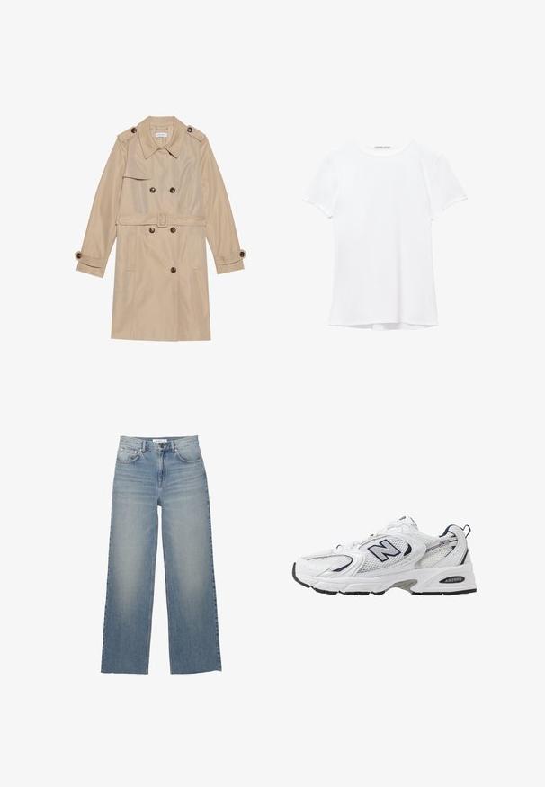 Béžový trenčkot zo hladkej látky, s dvojradovým zapínaním, veľkými gombíkmi, opaskom a vreckami so skladom.; Biela tričká s krátkym rukávom vyrobené z hladkej tkaniny, s okrúhlym výstrihom a jemnými švami na leme.; Svetlomodré nohavice s širokými nohavicami vyrobené z denimu, s vysokým pásom, prednými vreckami a zapínaním na gombík. Hladká textúra s vyblednutými oblasťami.; Biele športové topánky s priedušným vrchným materiálom, námorníckymi akcentmi a polstrovanou podrážkou. Obsahujú logo "N", šnúrky a textúrovaný detail na boku.