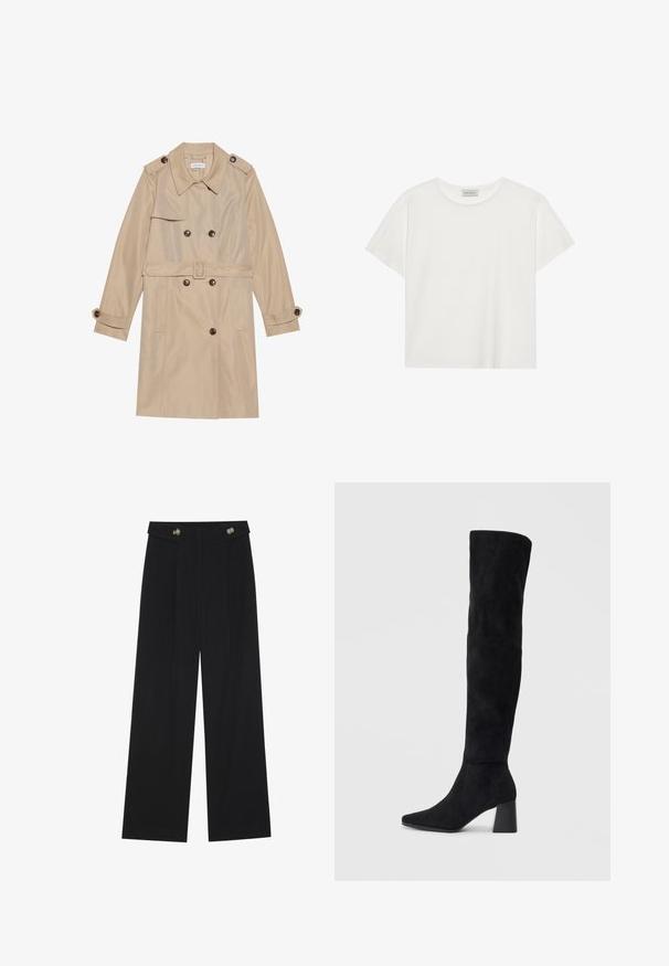 Šviesiai rudas tranšėjos paltas, pagamintas iš lygaus audinio, su dvigubos krūtinės dizainu, didelėmis mygtukais, diržu ir kišenėmis su atvartais.; Balta trumpa rankovė T-marškiniai, pagaminti iš minkštos medvilnės. Charakterizuojami apvali kaklo iškirpte ir laisvu siluetu. Švarus dizainas be matomų raštų ar akcentų.; Juodi plačios kojos kelnės su aukštu liemeniu, sagų detalėmis ant liemens ir priekinėmis raukšlėmis.; Juoda zomšinė kelio ilgio batai su blokuotu kulnu, smailiu nosiu ir lygiu, be siūlių dizainu ant paprastos šviesios fono.