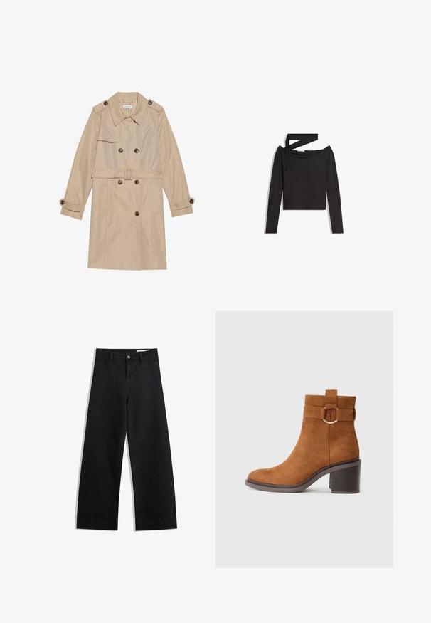 Beige trench coat valmistatud siledast kangast, kahekordse nööpidega disain, suured nööbid, vöö ja klapitaskud.; Mustat pitkät hihat crop-top, jossa on olkapäät paljastava muotoilu ja epäsymmetrinen hihna yksipuolella.; Mustat leveät farkut korkealla vyötäröllä, joissa on etu- ja takataskut, ommellut saumat ja nappisuljenta. Silkinoinen rakenne.; Ruske rantasaappaat, joissa on pyöreä varvas, vahva korko ja koristeellinen hihna, jossa on pyöreä solkiyksityiskohta.