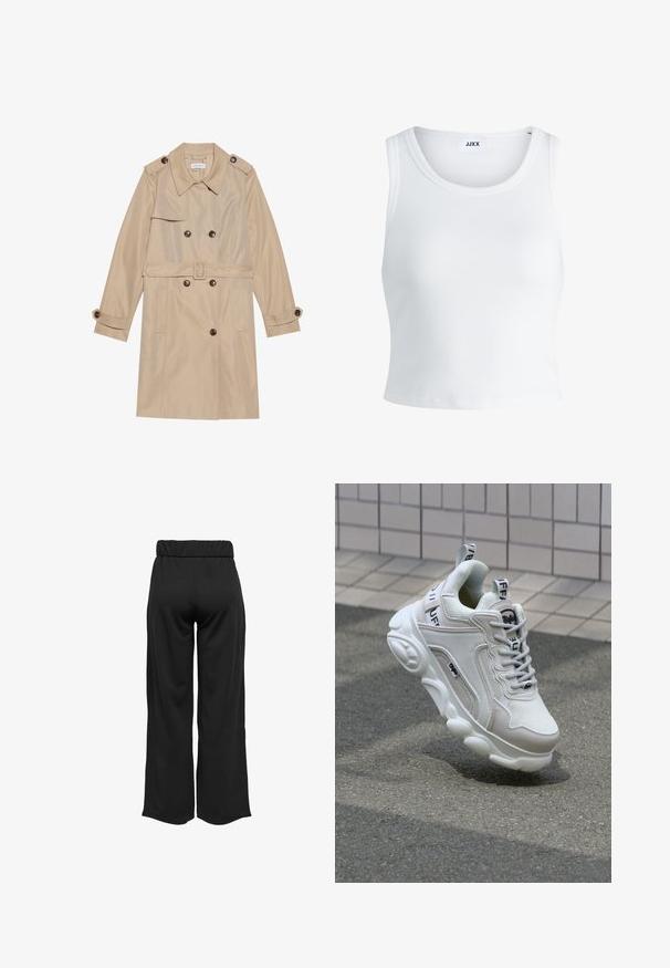 Sima anyagból készült bézs trench coat, dupla gombolású, nagy gombokkal, övvel és hajtókás zsebekkel.; Fehér bordás ujjatlan top, kerek nyakkivágással és rövid hosszal. A címke szerint "JJXX". Sima szövettextúra.; Fekete, bővülő szárú nadrág, elasztikus derékkal, sima anyagból készült. Tiszta dizájn jellemzi, zsebek és látható varrási részletek nélkül.; Fehér sneaker, hálós és bőr anyagokból, kerek orral, vastag talppal, feltűnő fűzőkkel és logóval a sarokon és a nyelven.