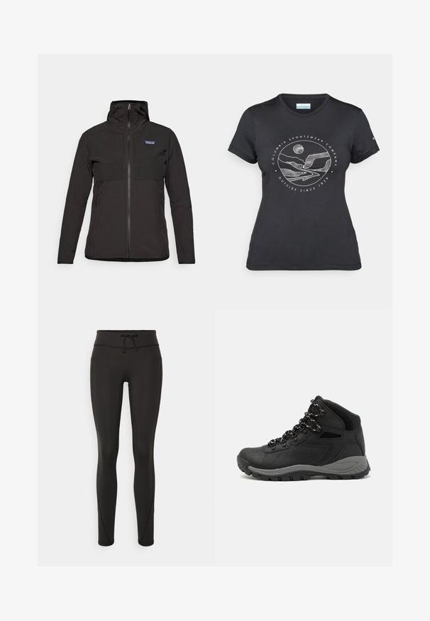 Fekete Patagonia zipzáras dzseki kapucnival, hosszú ujjakkal, elülső zsebekkel és egy kis logóval a bal felső mellkason.; Fekete Columbia póló fehér, kör alakú hegy és folyó vonalrajzzal, valamint a "Columbia Sportswear Company Outside Since 1938" felirattal.; Fekete leggings magas derékkal, zsinórral, sima textúrával és testhezálló kialakítással. Oldalt varrási részletekkel rendelkezik.; Fekete túracipő közepes magasságú kialakítással, texturált felsőrésszel, szürke részletekkel és strapabíró gumitalppal, amelynek tapadós kiemelkedései vannak.