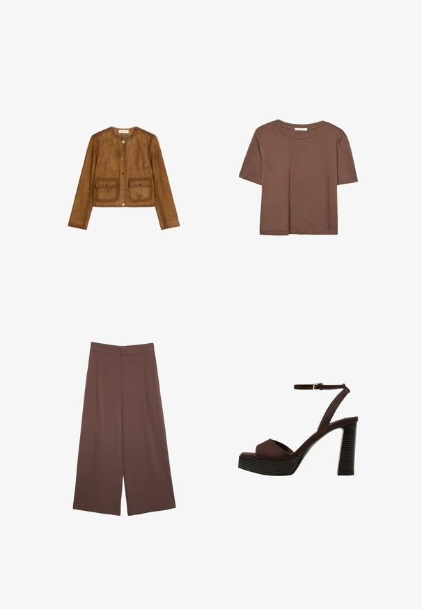 Braune Wildlederjacke mit rundem Halsausschnitt, langen Ärmeln und zwei aufgenähten Vordertaschen. Mit Druckknopf-Verschlüssen und einer weichen, strukturierten Oberfläche.; Braunes, kurzärmliges T-Shirt aus weichem Material mit rundem Halsausschnitt und lockerer Passform. Keine sichtbaren Muster oder Akzente.; Braune Weite-Leg-Hosen mit einer glatten Textur, hoher Taille und Vorderfalten. Der Stoff ist leicht und fällt locker.; Braune Wildleder-Pumps mit offenem Zeh, verstellbarem Knöchelriemen und gestreiftem Plateausohlen.