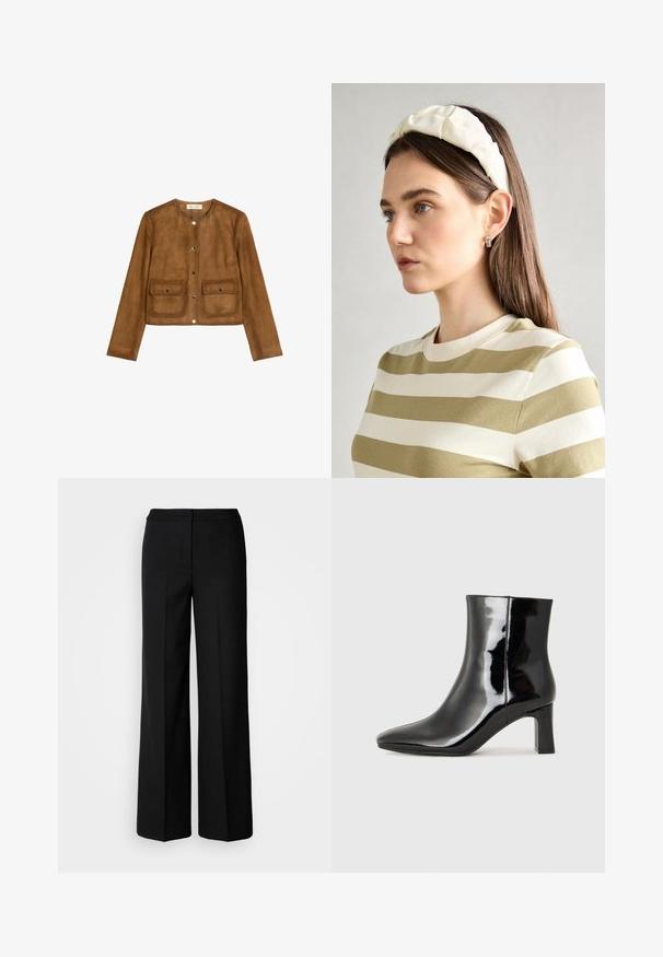 Bruine suedjasje met een ronde hals, lange mouwen en twee voorste opgestikte zakken. Heeft drukknopen en een zachte, gestructureerde afwerking.; Witte T-shirt met korte mouwen, gemaakt van zachte katoen. Heeft een ronde halslijn en een relaxte pasvorm. Schoon ontwerp zonder zichtbare patronen of accenten.; Zwarte wijde broek van een gladde stof, met een hoge taille, nauwkeurig gestikte naden en een minimalistisch ontwerp. Geen zichtbare hardware of zakken.; Zwarte gepolijste leren enkellaars met een spitse neus en een blokhak van gemiddelde hoogte. Glad textuur en minimalistisch ontwerp.; Crème geklede hoofdband met gedraaide ontwerp, gecombineerd met een beige en witte gestreepte shirt met een ronde hals. Subtiele sieradenaccenten.