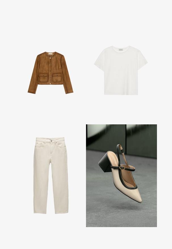 Brązowa zamszowa kurtka z okrągłym dekoltem, długimi rękawami i dwoma przednimi kieszeniami naszytymi. Posiada zapięcia na zatrzaski oraz miękką, teksturowaną powierzchnię.; Biała koszulka z krótkim rękawem wykonana z miękkiej bawełny. Posiada okrągły dekolt i luźny krój. Czysty design bez widocznych wzorów czy akcentów.; Białe dżinsy o luźnym kroju, z prostymi nogawkami, pięcioma kieszeniami oraz metalowymi dodatkami z delikatną teksturą.; Beżowe buty typu slingback z ostrym noskiem, czarnym wykończeniem, złotą klamrą i grubym obcasem na szarym podłożu z ciemnozielonym tłem.
