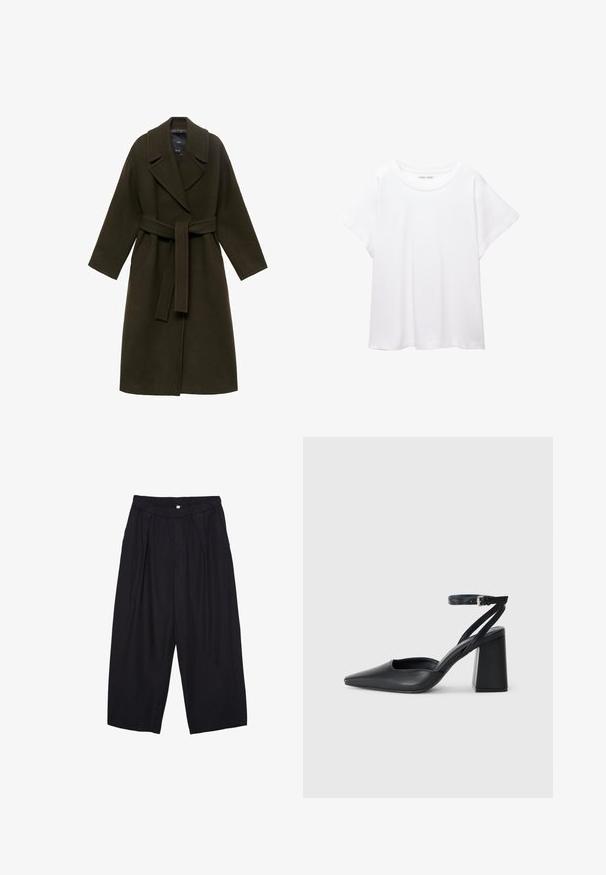 Mörkgrön ullkappa med bred krage, långa ärmar, belagd midja och sidofickor, med rak skärning och mjuk textur.; Vit t-shirt som är gjord av mjukt, lätt tyg. Har en rund halsringning och korta, vida ärmar med en avslappnad passform. Inga synliga mönster.; Svarta polyester culottbyxor med elastisk midja, två framfickor och en lös silhuett. Inga synliga mönster eller hårdvarudetaljer.; Svart läderpumps med spetsig tå, ankelrem och kraftig klack. Slät textur, stilren design och minimalistisk estetik.