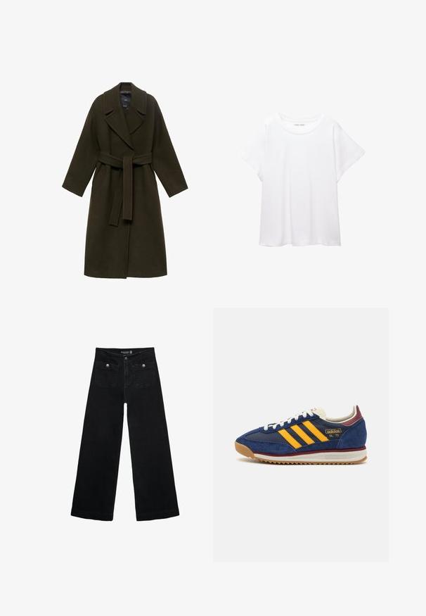 Tmavě zelený vlněný kabát s širokým klopou, dlouhými rukávy, páskem v oblasti pasu a bočními kapsami, s rovnými liniemi a měkkou texturou.; Bílý tričko vyrobené z měkké, lehké tkaniny. Má kulatý výstřih a krátké, široké rukávy s uvolněným střihem. Bez viditelných vzorů.; Černé široké džíny s vysokým pasem, obsahující dvě přední kapsy a kovové knoflíkové detaily. Látka má hladkou texturu.; Námornická semišová teniska s žlutými pruhy, bílými tkaničkami a burgundskými akcenty. Texturovaná podrážka s drážkami pro lepší přilnavost. Logo značky na boku.