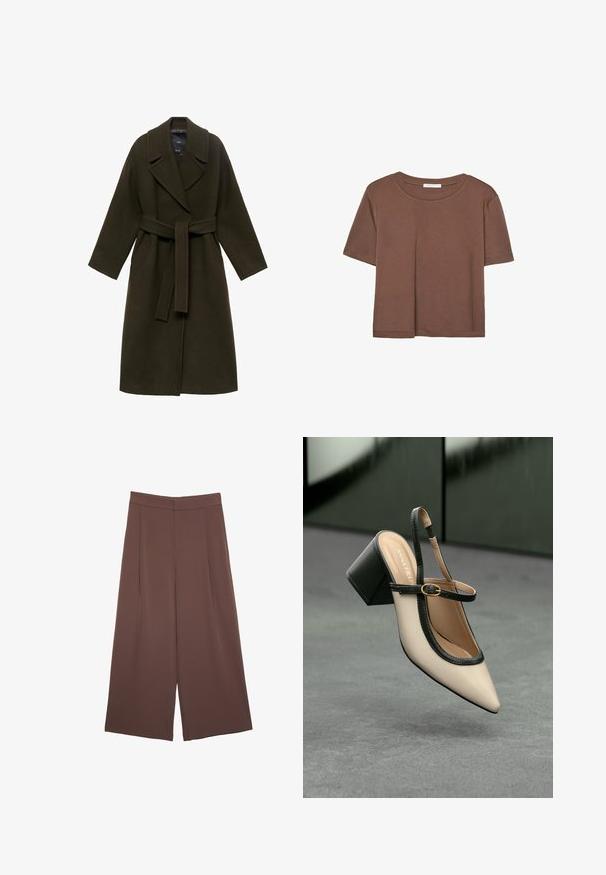Tummanvihreä villakangastakki, jossa on leveä kaulus, pitkät hihat, vyötetty vyötärö ja sivutaskut. Takissa on suora leikkaus ja pehmeä tekstuuri.; Kahvinsävyinen lyhythihainen t-paita, joka on valmistettu pehmeästä kankaasta. Pyöreä pääntie ja rento malli. Ei näkyviä kuvioita tai koristeita.; Ruskeat leveälahkeiset housut, joissa on sileä pinta, korkea vyötärö ja etupleat. Kangas on kevyttä ja laskeutuu väljänä.; Beige slingback-kengät, joissa on musta reuna, kultahakas, ja paksu lohkoheel, harmaalla lattialla tummanvihreää taustaa vasten.