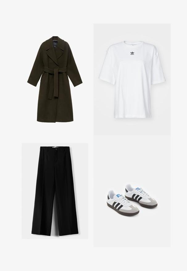 Tamnozeleni vuneni kaput sa širokim reverima, dugim rukavima, pojasom u struku i bočnim džepovima, s ravnim krojem i mekanom teksturom.; Bijela kratka majica s kratkim rukavima izrađena od pamuka. Ima okrugli izrez i mali crni Adidas logo na prsima. Ravni rub.; Crne široke hlače izrađene od lagane tkanine, s prednjim zatvaranjem na dugme i ravnim prednjim dijelom, sa uredno šivenim rubovima.; Sportske cipele s gornjištem od bijele kože, sivi suedinasti nos i tri crne pruge. Imaju plavi logo na jeziku i teksturiranu gumenu podlogu.